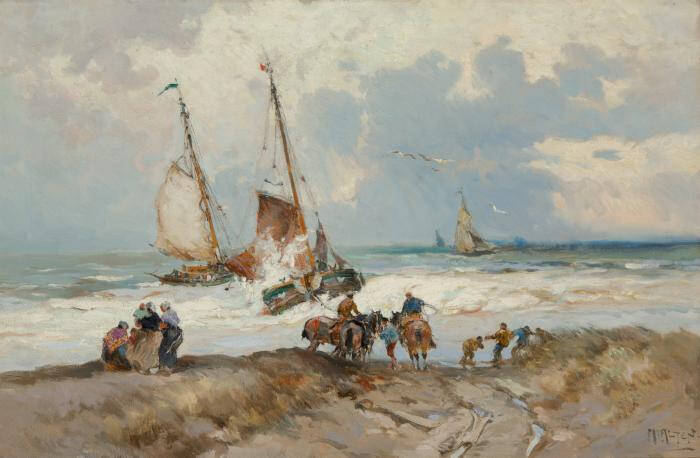 Painting of boats in a storm, next to the beach with a group of people
